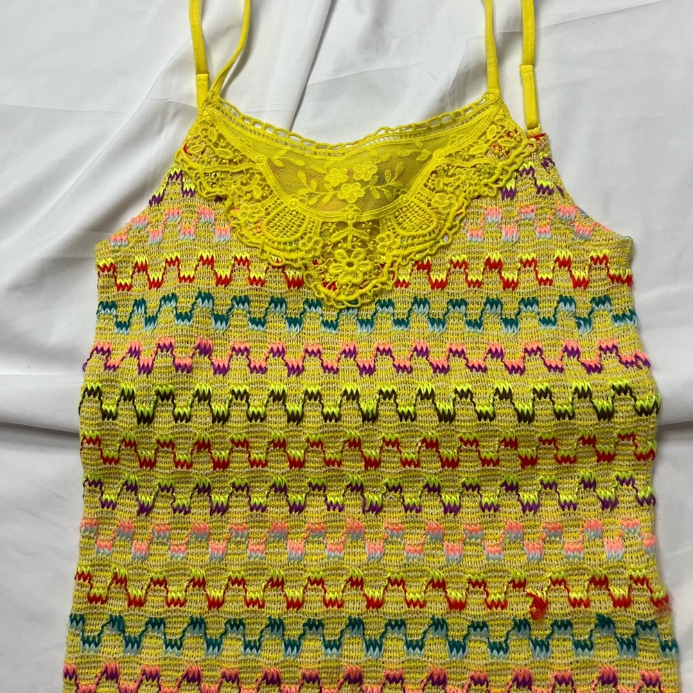 Free People Yellow Crochet Lace-Trim Multicolor Knit Cami